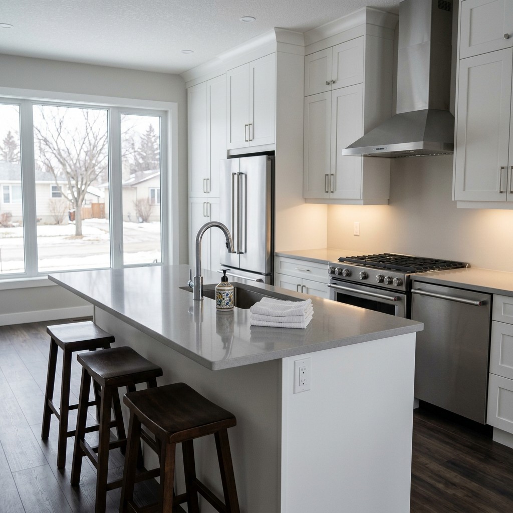 Bright, freshly cleaned empty kitchen — Prairie Spotless move-out clean in a Winnipeg home